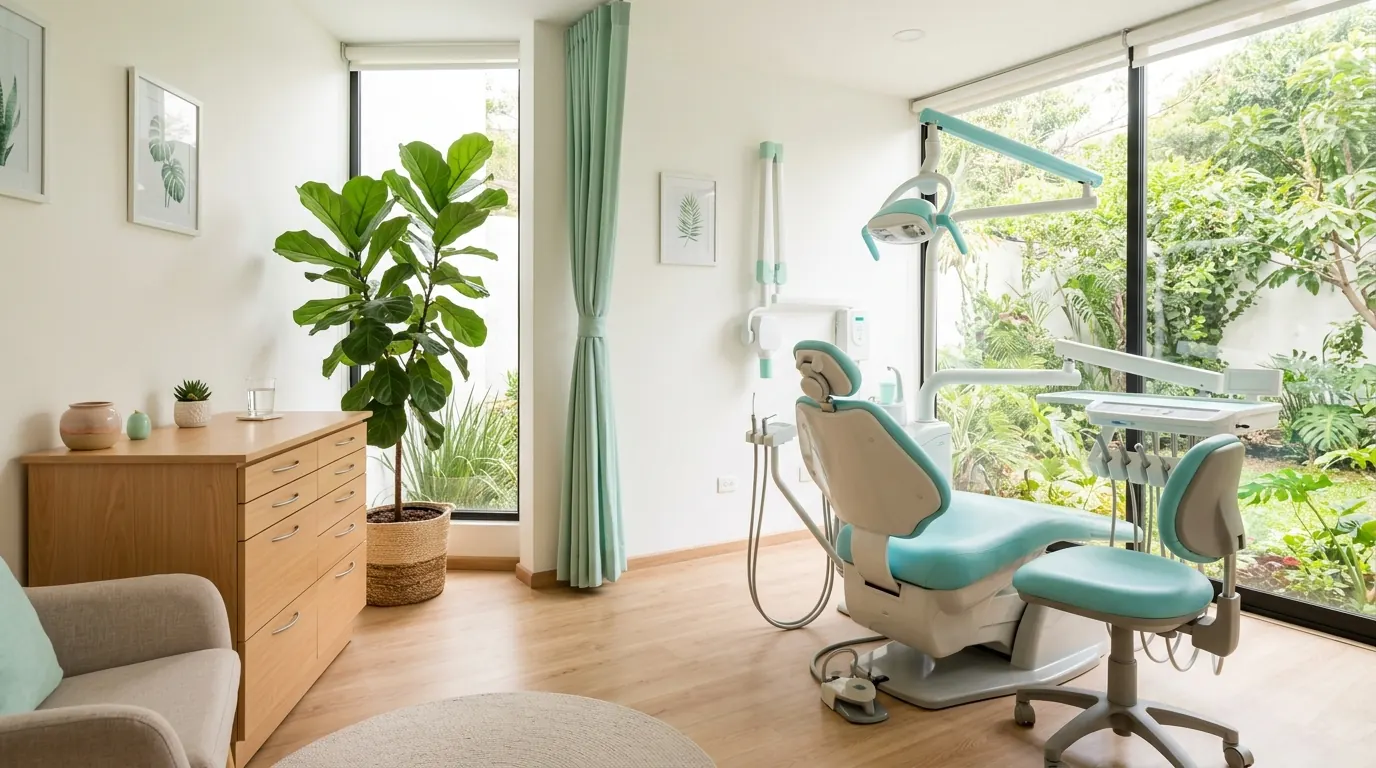 Consultorio de la clínica de ejemplo: sillón dental azul agua junto a un ventanal con plantas